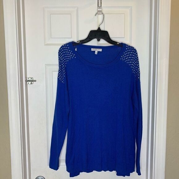 Chaus New York Blue Top Silver Shoulder Accents - Picture 2 of 10